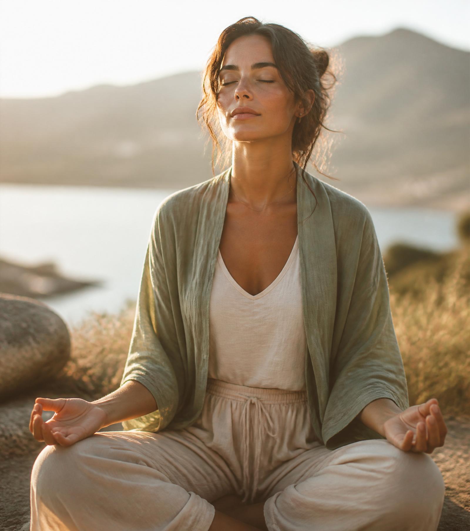 Woman meditating in soft golden light by a still lake